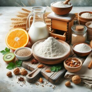 Wheat mill, flour, wheat stalks and nuts sitting on a table