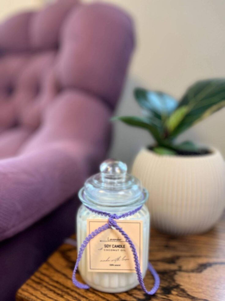 Homemade Candles with label with a chair and plant