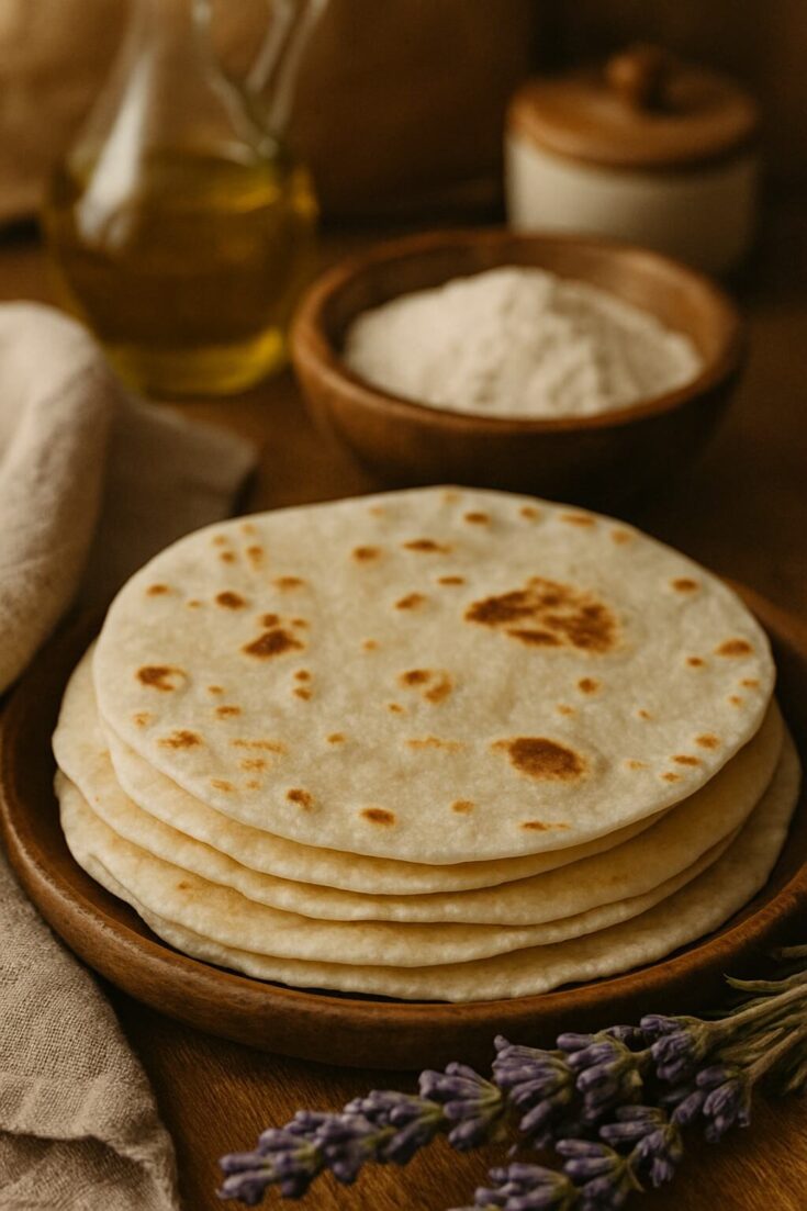 Stack of Whole Wheat tortillas on a wooden counter