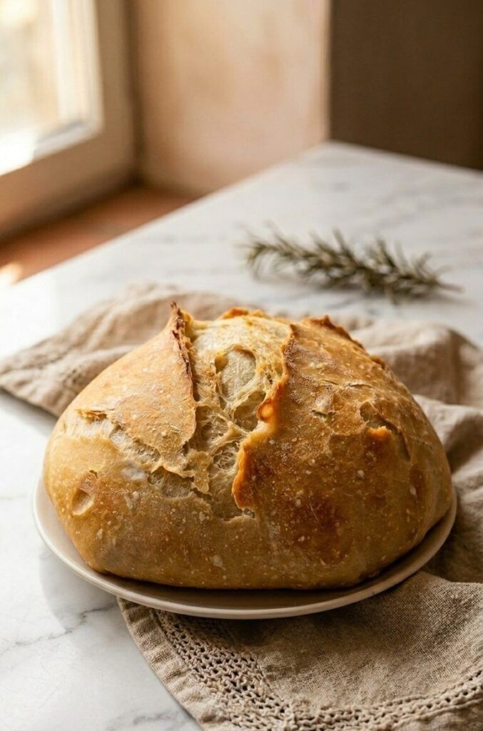 Berry Wheat Bread on a white plate on a white counter with a tea towel