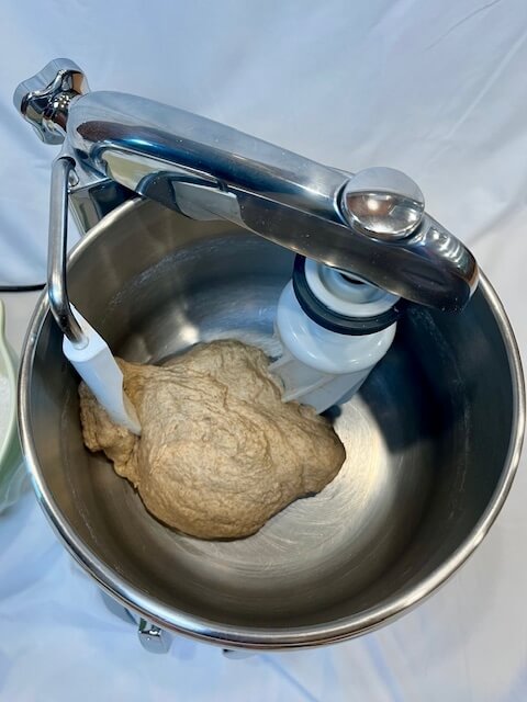 dough in ankarsrum mixer for fresh milled flour bread recipe