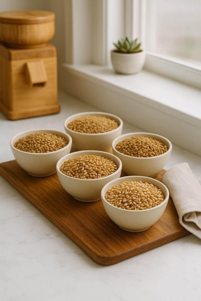 5 bowls of wheat berries for fresh milled flour recipes with a grain mill in the background