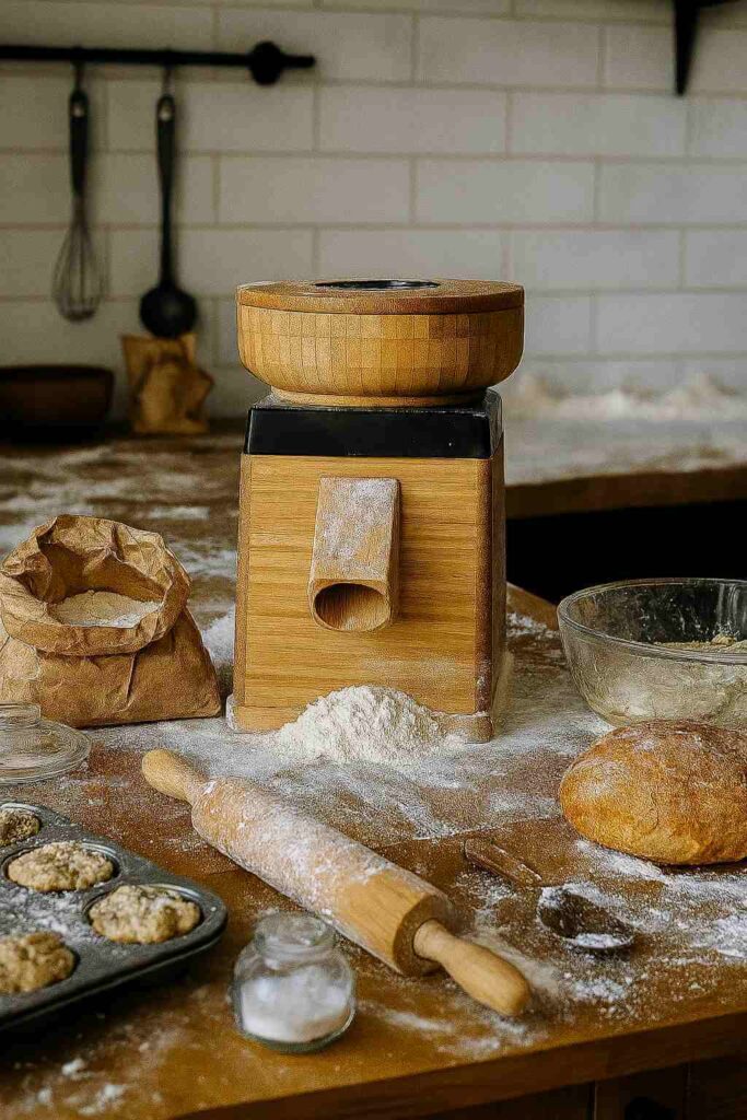Troubleshooting Freshly Milled Flour with a grain mill on the counter and a big loaf of bread