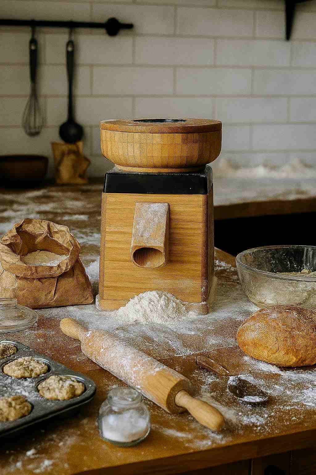 Troubleshooting Freshly Milled Flour with a grain mill on the counter and a big loaf of bread