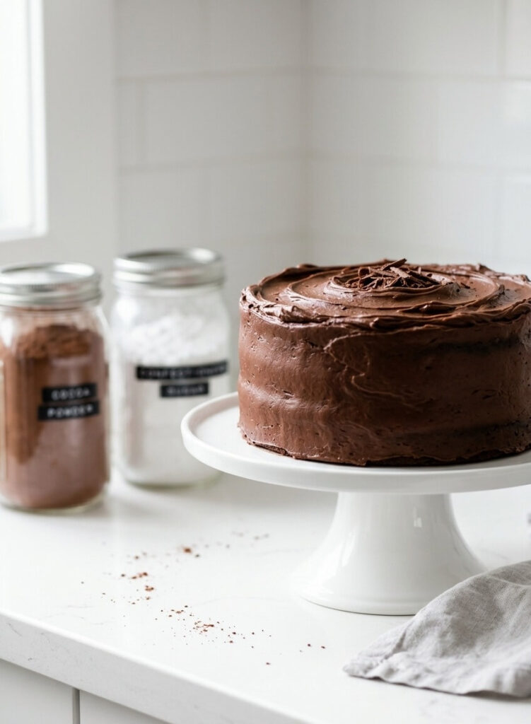 Freshly Milled Flour Chocolate Cake recipe made and on a white cake stand with mason jars in the background