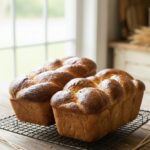 Two Loave of Freshly Milled Challah bread on a cooling rack on a wooden countertop