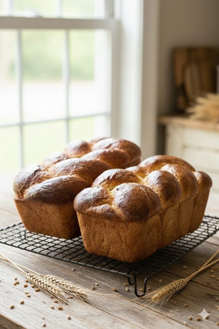 Two Loave of Freshly Milled Challah bread on a cooling rack on a wooden countertop