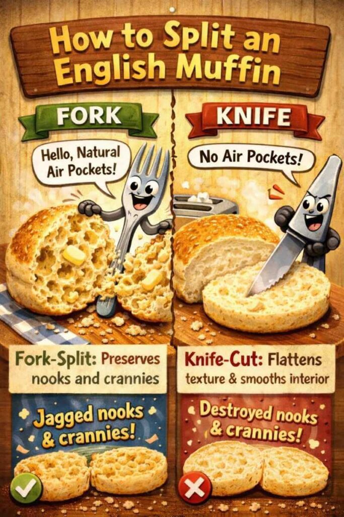 Illustration about how to fork split a fresh milled english muffin versus using a knife
