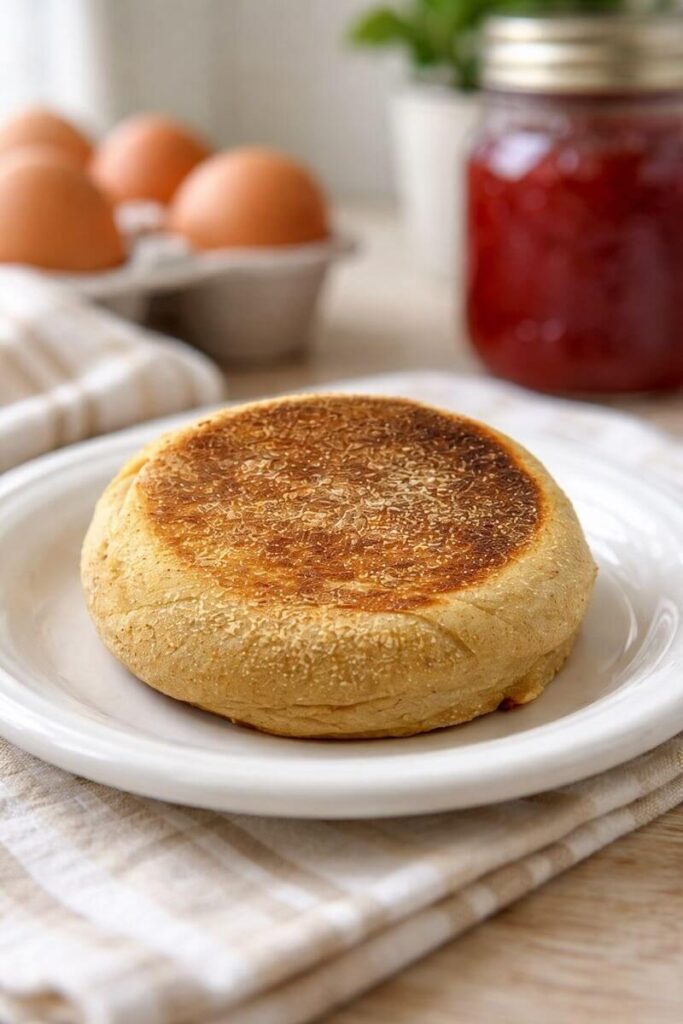 An freshly milled english muffin on a plate with eggs and jam in the background