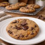 freshly milled chocolate chip cookie on a white plate with cookies in the background on a wire rack
