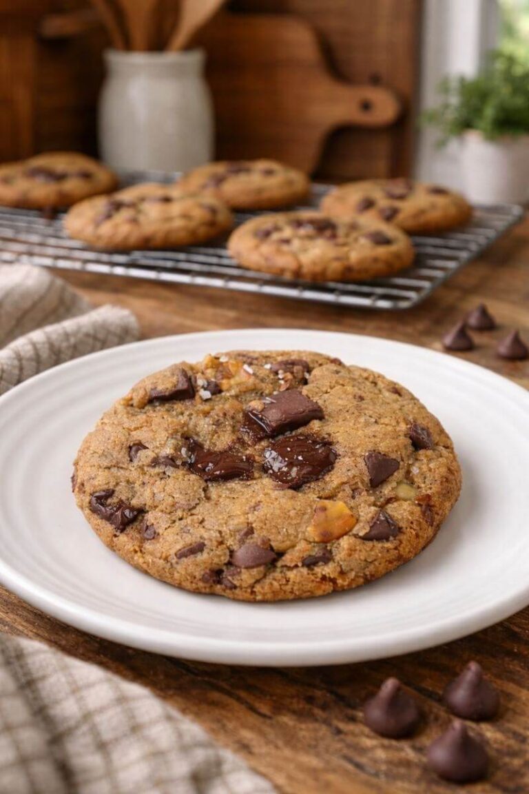 freshly milled chocolate chip cookie on a white plate with cookies in the background on a wire rack