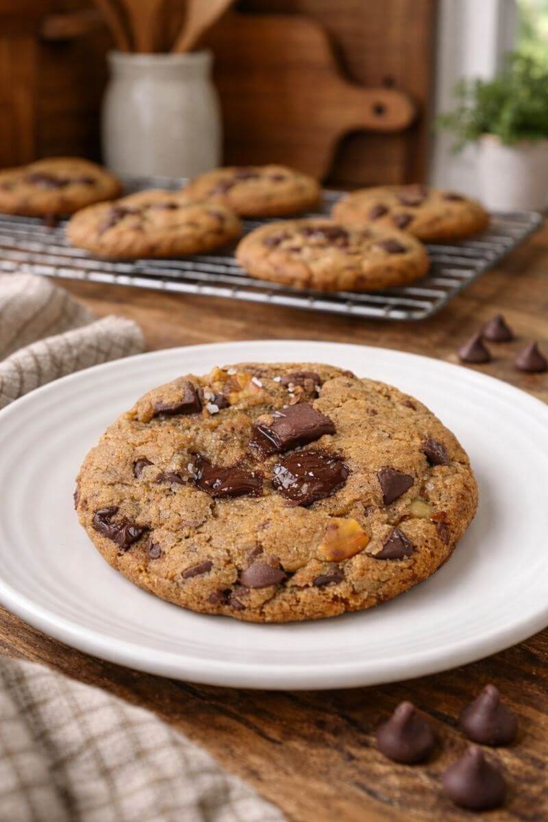 freshly milled chocolate chip cookie on a white plate with cookies in the background on a wire rack