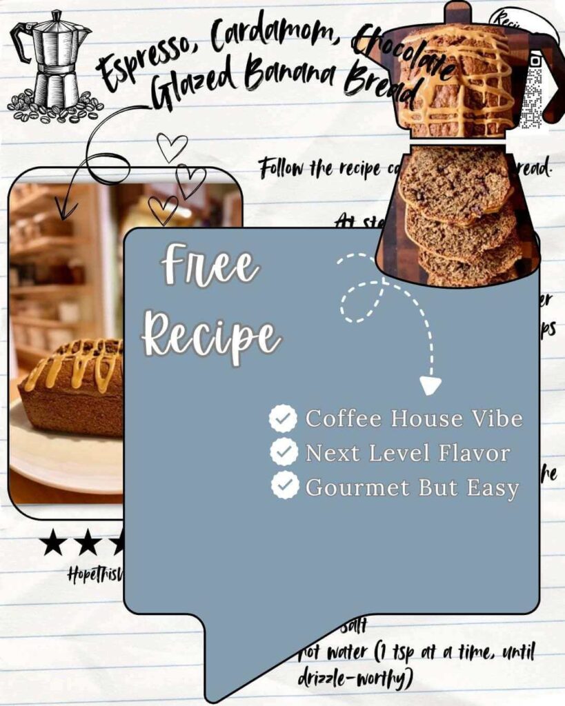 Click here for free recipe for espresso cardamom chocolate banana bread. Has a picture of free and the bread and the recipe card