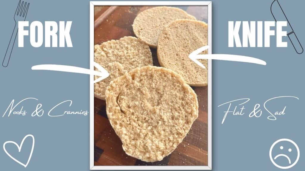 Picture of a fresh milled english muffin that is split with a fork and another that is split with a knife