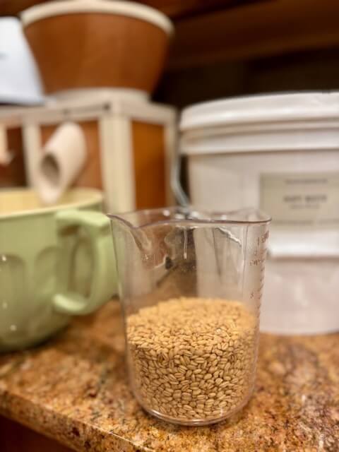 soft white wheat berries in a measuring cup with a grain mill and bowl in the background