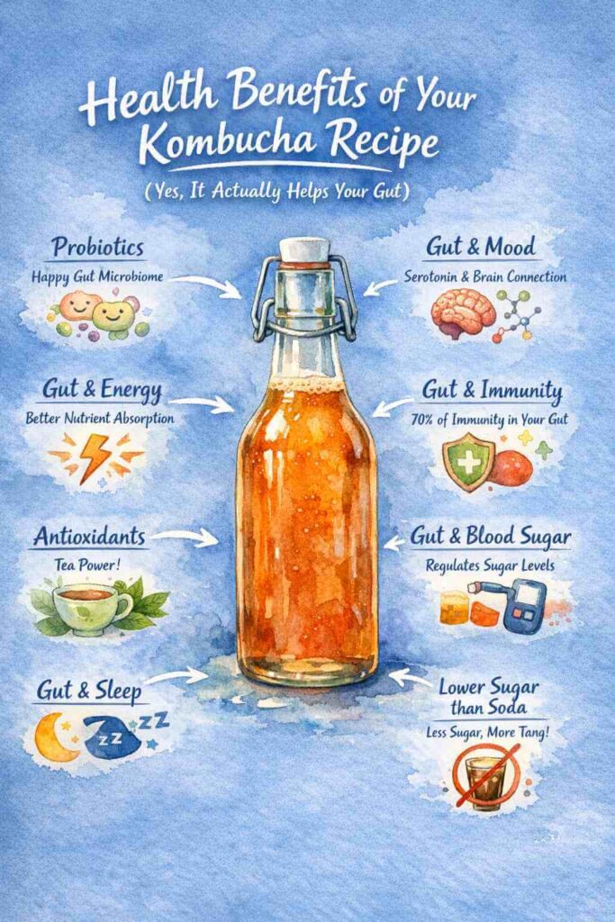 Kombucha Recipe health benefits listed around a bottle of kombucha