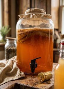 Kombucha recipe made for a large glass jar with a spigot on a wooden counter