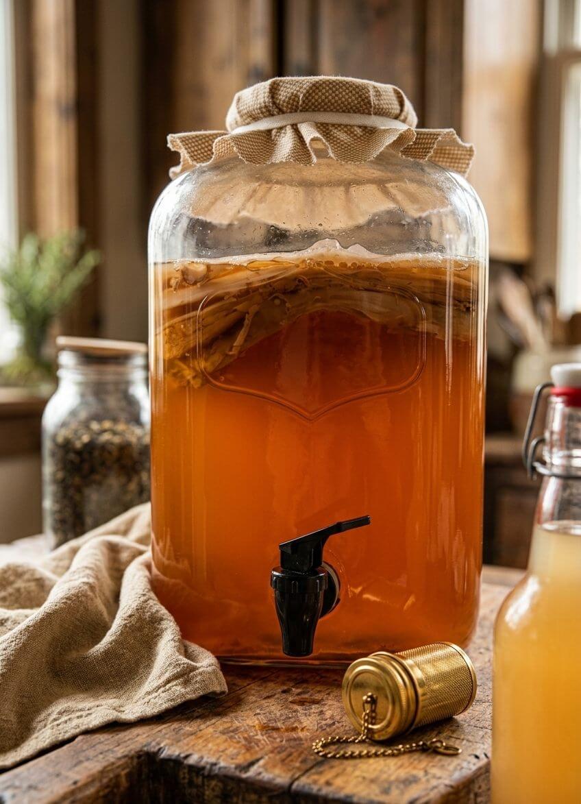 Kombucha recipe made for a large glass jar with a spigot on a wooden counter