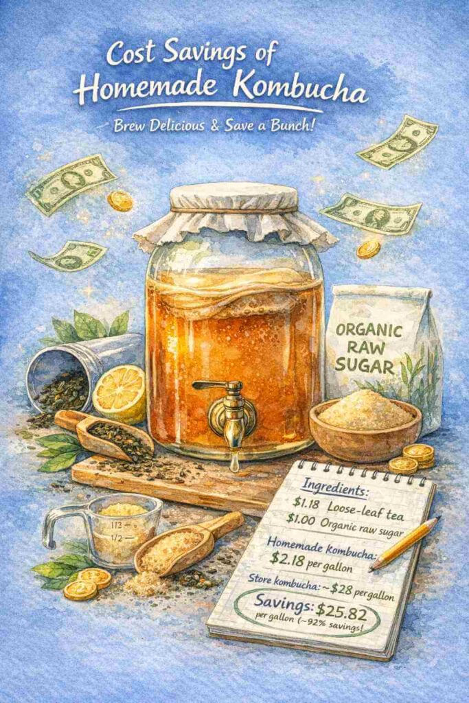 watercolor picture with a gallon of kombucha recipe in the middle and next to it is a pad of paper that breaks down the savings if you make your own