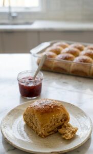 fresh milled flour dinner roll on a plate with jam and the rest of the rolls behind it