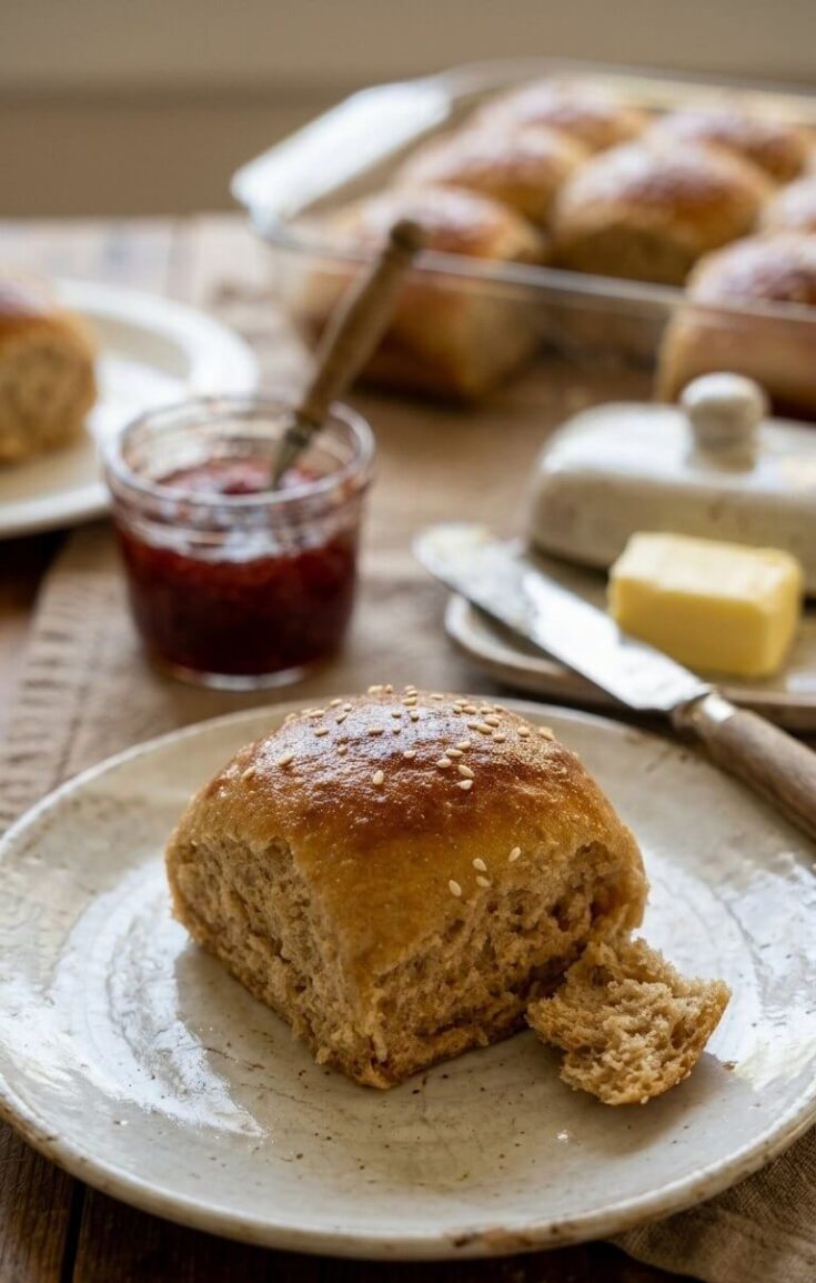 fresh milled flour dinner roll on a plate with butter and jam behind it and more rolls