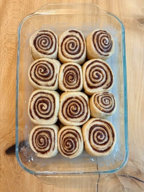 fresh milled cinnamon rolls in a pan that are nicely puffed up from a second rise