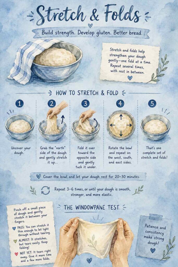 Chart about how to do stretch and folds and know what windowpane is for sourdough cinnamon rolls