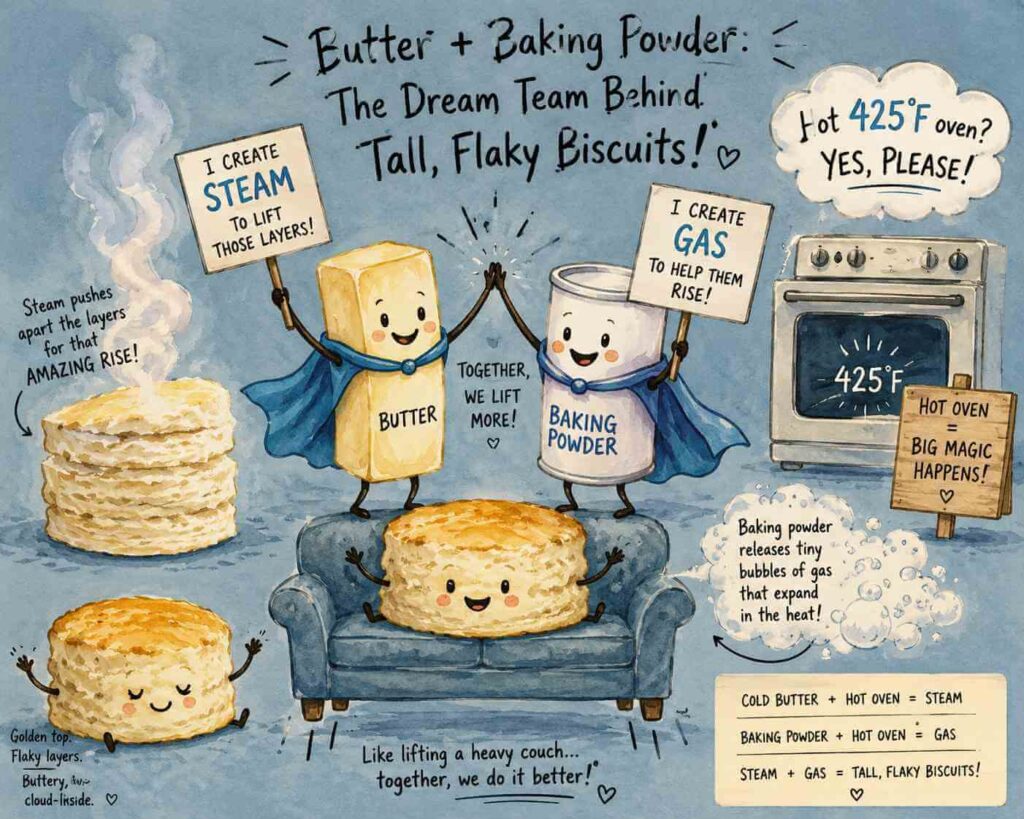 A funny watercolor illustration about butter and baking powder working together at high heat to rise fresh milled flour biscuits well.