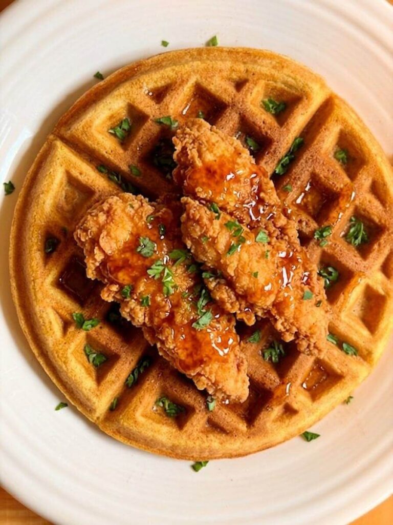 fresh milled flour waffle with fried chicken and hot honey o top