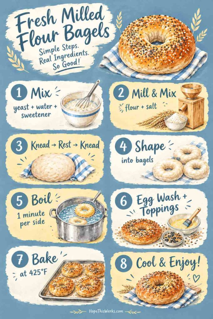 8 steps to making fresh milled flour bagels in watercolor with blue background
