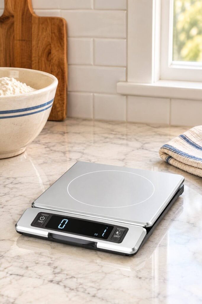 Scale on countertop that is used for fresh milled recipes